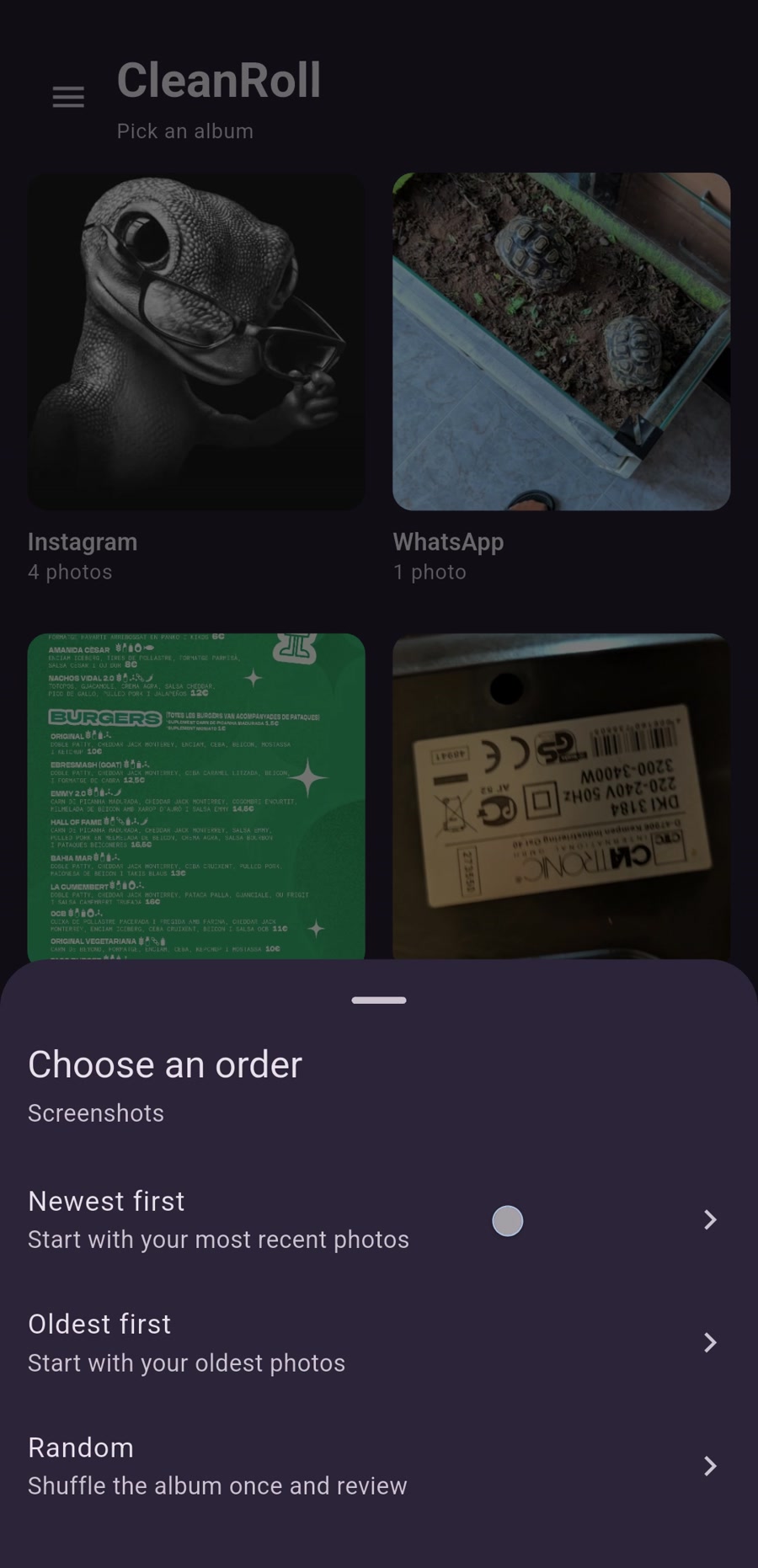 Sheet for choosing album order: newest, oldest, or random