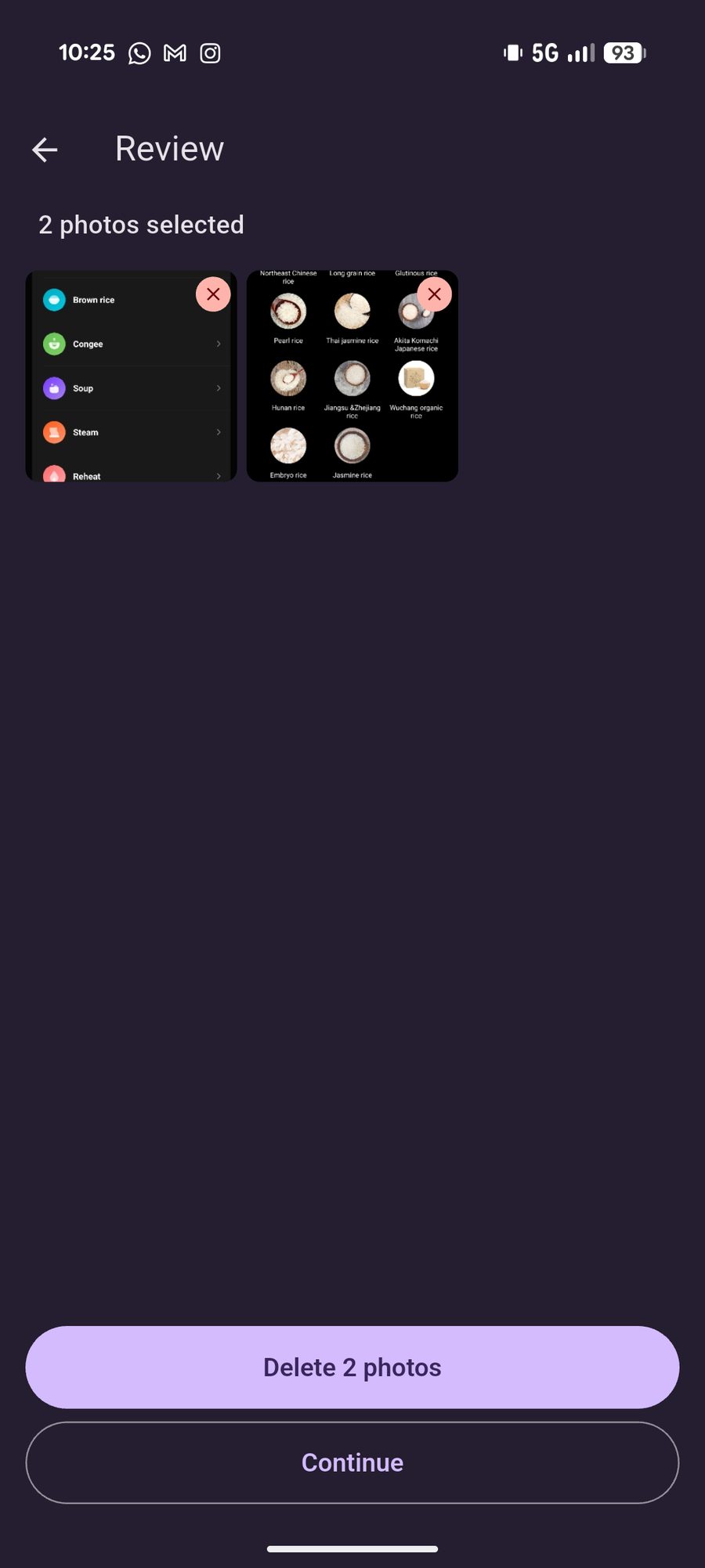 Review screen with two selected photos and the button to delete them