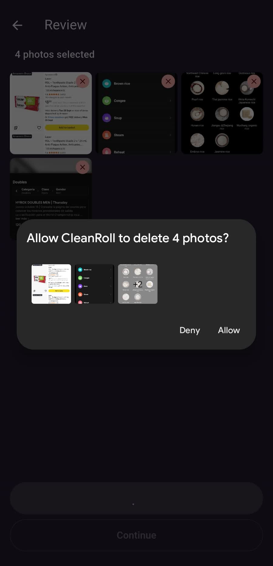 Android dialog asking whether CleanRoll can delete four photos